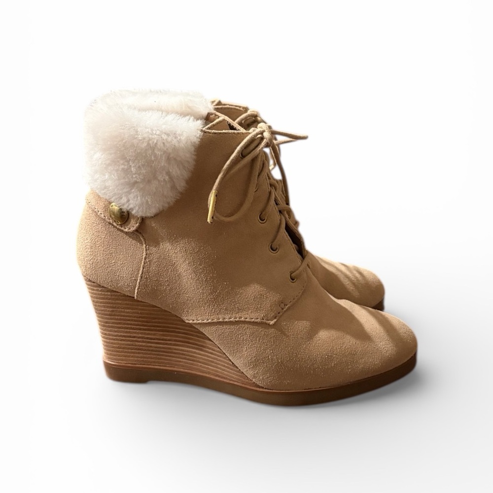 Michael Kors Carrigan Shearling Tan Suede Leather Women's Wedge Ankle Boots
